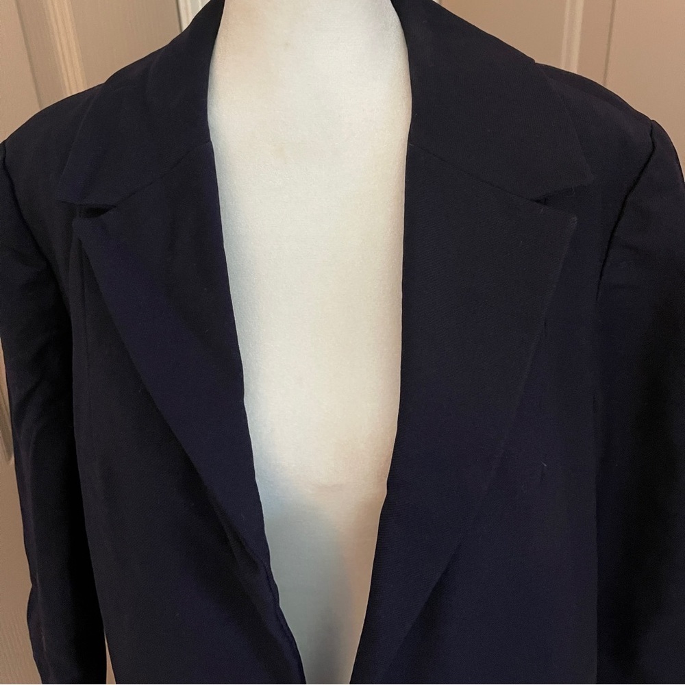 Vintage navy wool satin lined 3/4 sleeve 1950s open front custom made coat. M. - Picture 3 of 10
